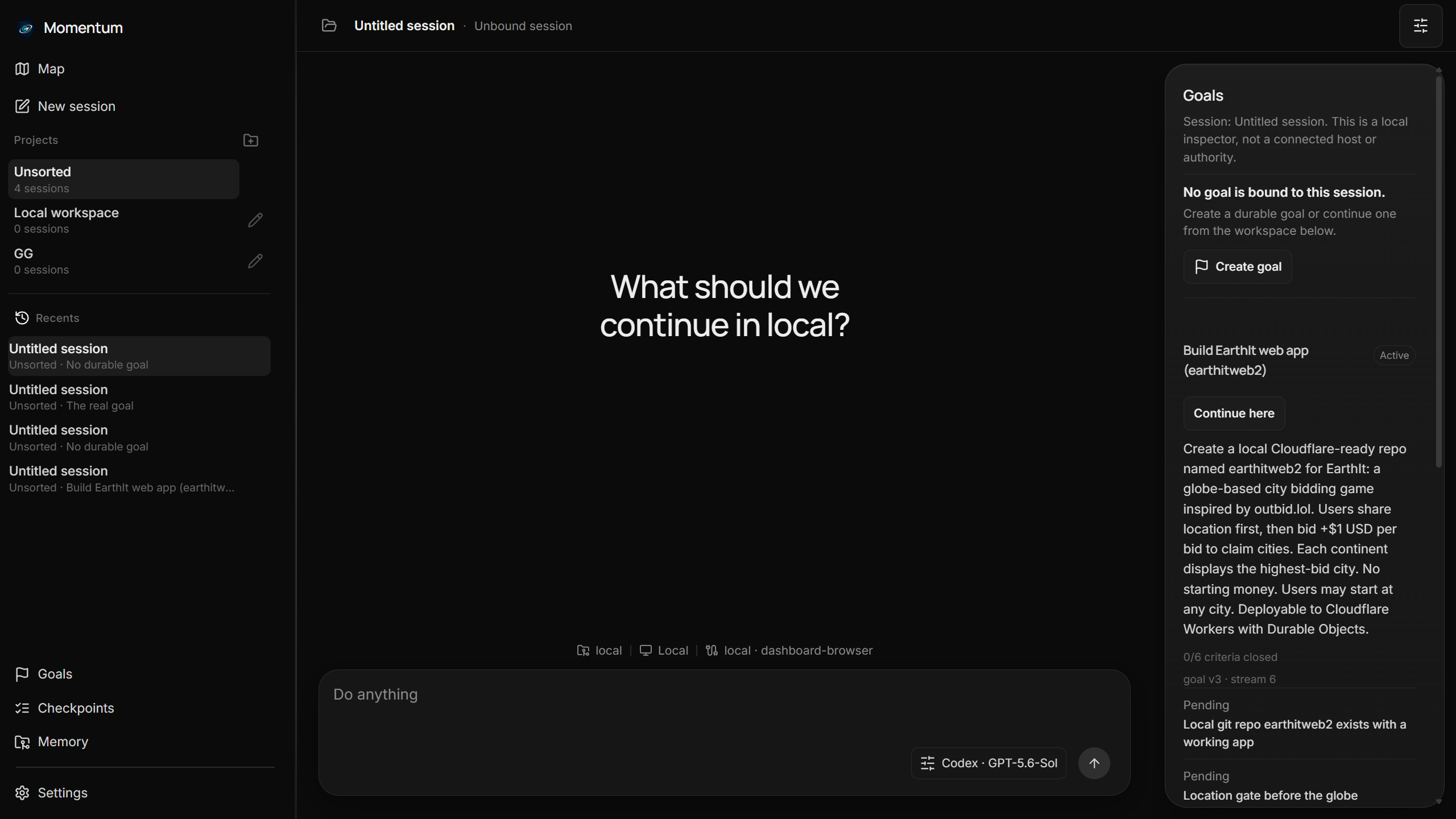 Momentum local interface with sessions, goals, checkpoints, memory, and a local prompt